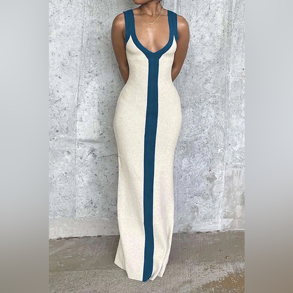 Sleeveless white Maxi Dress with Teal Center Panel